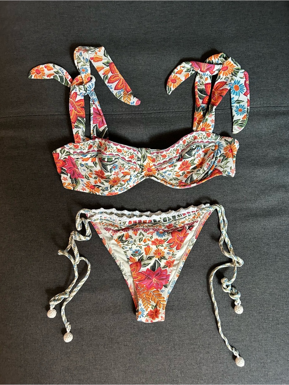 FARM Rio Bloom Garden Floral Tie-Shoulder Bikini in Orange, Pink, Green, Blue